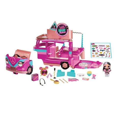 L.O.L. Surprise Music Festival Tour Bus opened into its performance stage configuration, with the separated vehicle components and playset accessories displayed together.
