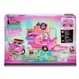 Back of the L.O.L. Surprise Music Festival Tour Bus packaging showing the playset's different features, including the camper, convertible car, kitchen, performance stage, dance floor and hangout zone.