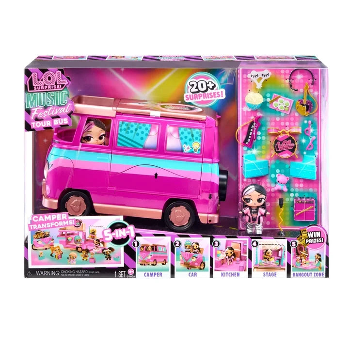 L.O.L. Surprise Music Festival Tour Bus retail packaging showing the 5 in 1 transforming playset, tour bus illustrations and information about the included surprises.