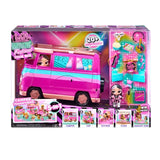 L.O.L. Surprise Music Festival Tour Bus retail packaging showing the 5 in 1 transforming playset, tour bus illustrations and information about the included surprises.
