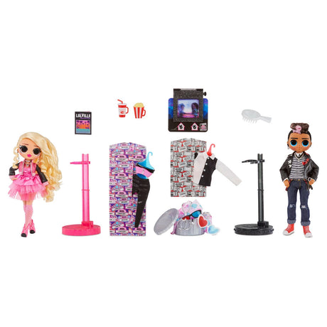 L.O.L. Surprise! O.M.G. Movie Magic 2 Pack contents laid out with dolls, outfits, stands and accessories