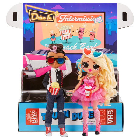 Tough Dude and Pink Chick dolls standing in front of the opened movie backdrop playset