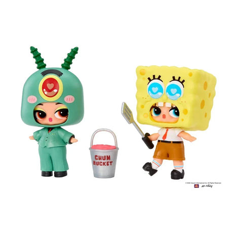 Two L.O.L. Surprise SpongeBob SquarePants Tots featuring SpongeBob and Plankton themed character costumes, with yellow and green details.