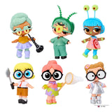 Six L.O.L. Surprise Loves SpongeBob SquarePants Tots dolls displayed in two rows, showing different character outfits, hairstyles and costume details.