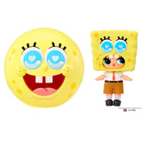 L.O.L. Surprise SpongeBob Tot wearing a yellow SpongeBob costume head, white shirt, red tie and brown shorts, beside a yellow SpongeBob face surprise ball.