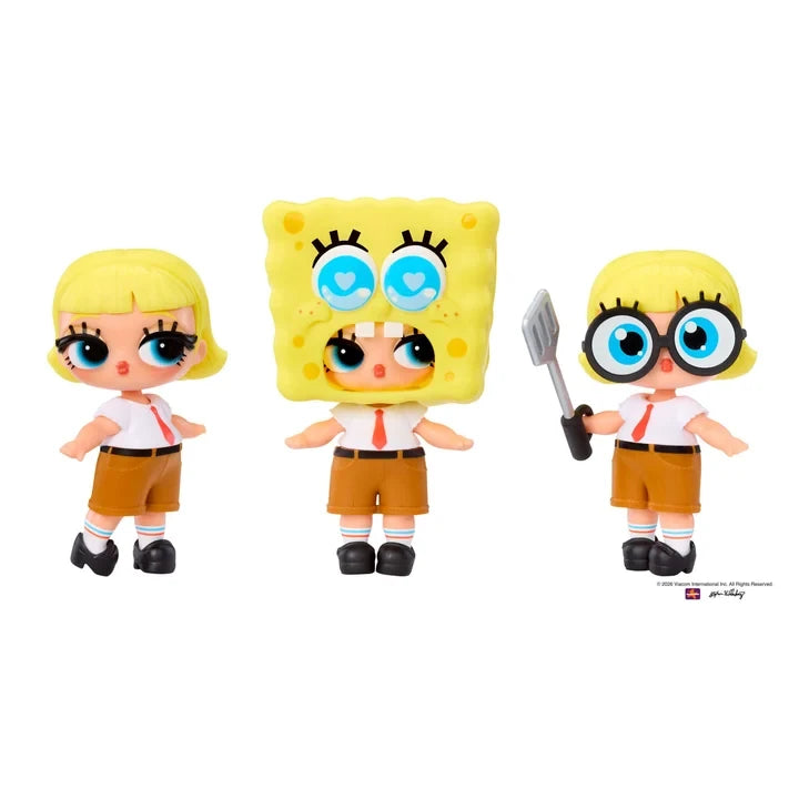 Three different looks for a L.O.L. Surprise SpongeBob SquarePants Tot, showing the doll with character costume pieces and accessories.