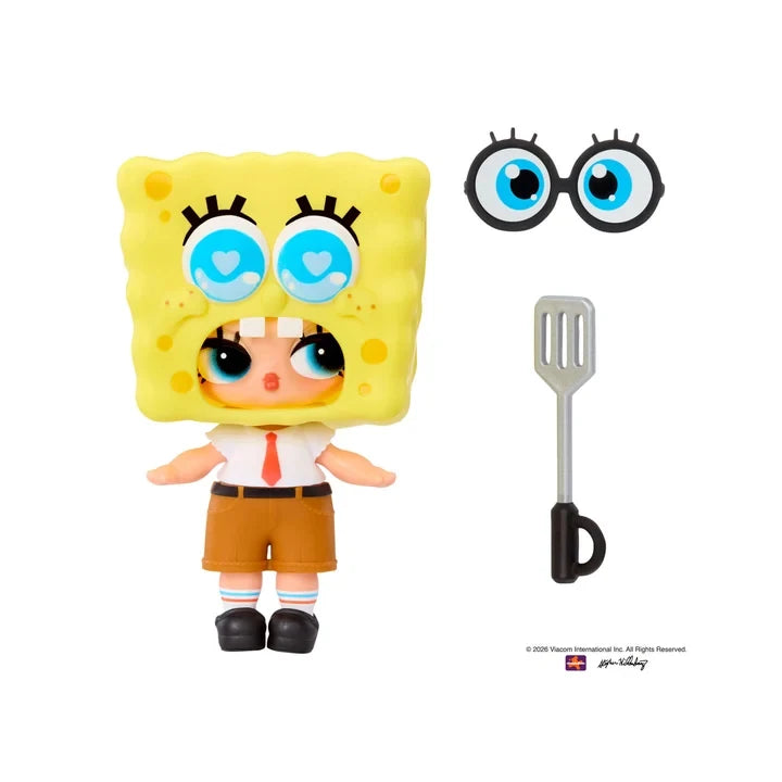 L.O.L. Surprise SpongeBob SquarePants Tot with yellow SpongeBob costume head and separate accessories, including novelty glasses and a spatula.