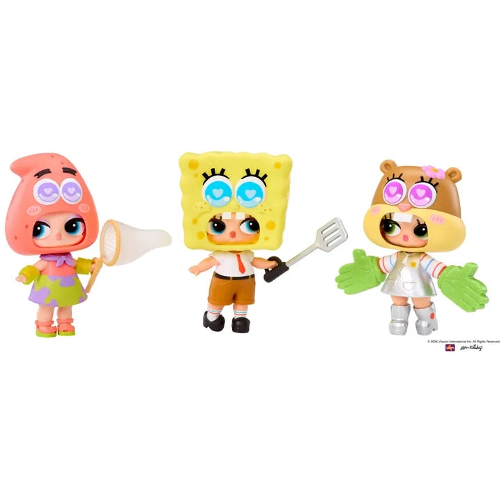 Three L.O.L. Surprise SpongeBob SquarePants Tot styling combinations, showing different character headpieces, outfits and accessories.