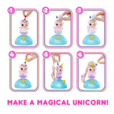 Step-by-step guide showing how to fill a LOL Unicorn Tot with potions using funnel, horn and hair accessories in Ireland
