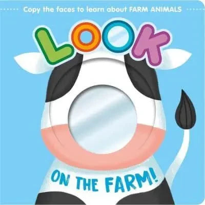 Look on the Farm board book front cover with cow face, mirror circle and colourful title