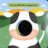 Open Look on the Farm page asking Can you MOO like a happy cow with cow face illustration