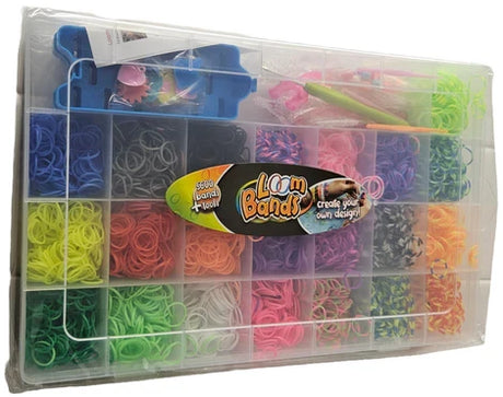 Closed Loom Bands storage case with colourful bands, loom board, hook and accessories