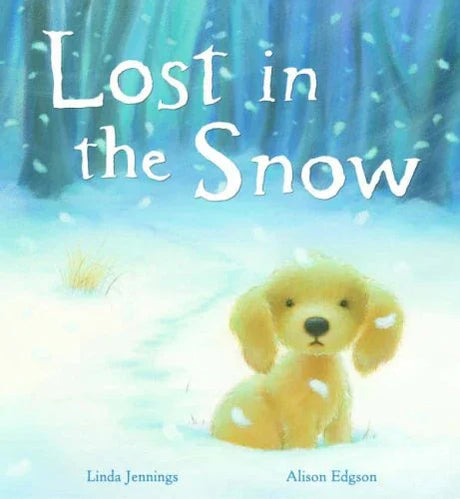 Lost in the Snow book cover illustration of puppy surrounded by snowflakes in a quiet forest