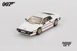 Mini GT James Bond For Your Eyes Only Lotus Esprit Turbo white RHD model viewed from the front left with gold wheels, red side stripes and Turbo graphics