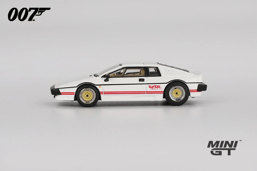 Mini GT Lotus Esprit Turbo white RHD model in full side profile showing the wedge shaped body, gold wheels, black trim and red lower body stripes