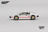 Mini GT Lotus Esprit Turbo white RHD model in full side profile showing the wedge shaped body, gold wheels, black trim and red lower body stripes