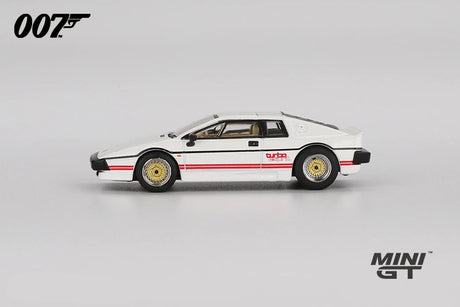 Mini GT Lotus Esprit Turbo white RHD model in full side profile showing the wedge shaped body, gold wheels, black trim and red lower body stripes
