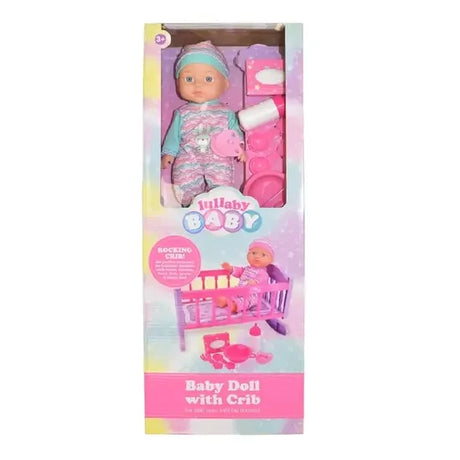 Lullaby Baby doll gift box with doll, rocking crib and feeding accessories shown inside