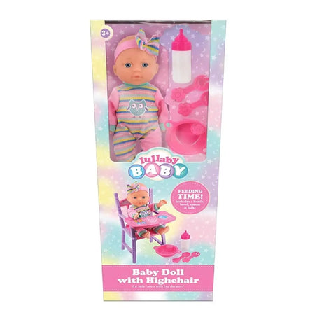 Lullaby Baby Doll with Highchair retail box showing the doll, purple and pink high chair, bottle, bowl, spoon, and fork accessories