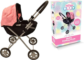Lullaby Baby Dolls Folding Pram with pink canopy and folding frame for pretend play
