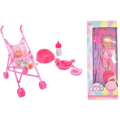 Lullaby Baby doll stroller set with accessories beside the boxed playset