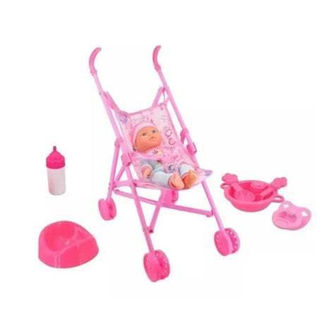 Baby doll in pink stroller with bottle, potty, bowl and dummy accessories