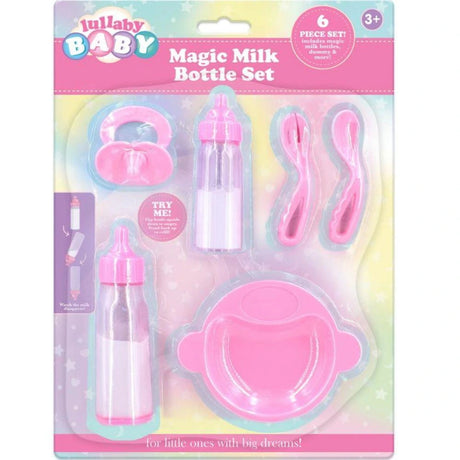Lullaby Baby Magic Milk Bottle Set blister pack with dummy, two bottles, plate, spoon and fork