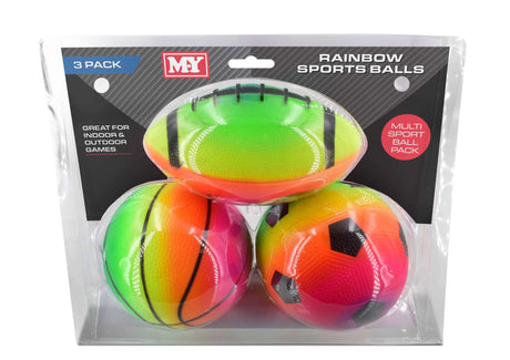 Packaged M.Y Rainbow Sports Balls set with rainbow rugby ball, basketball and football