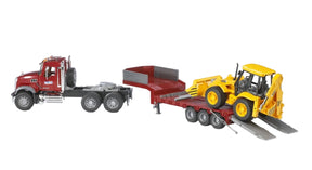 MACK Granite toy truck with its low loader trailer as the yellow JCB 4CX backhoe drives up the folding ramps.