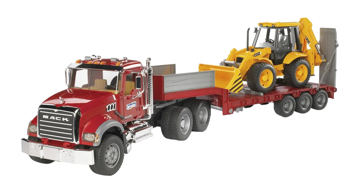 Red MACK Granite toy truck pulling a low loader trailer with a yellow JCB 4CX backhoe on a white background.