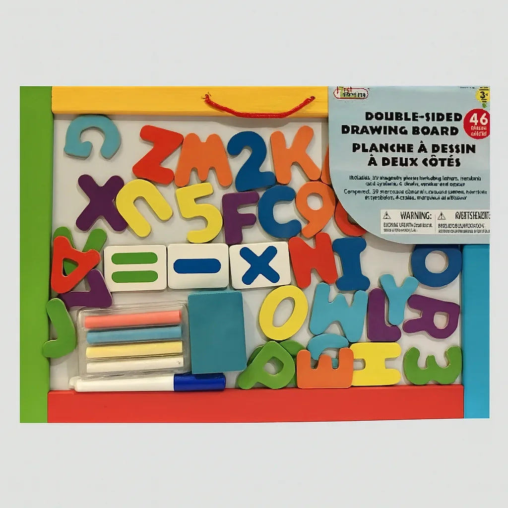 Magnetic drawing board set in retail packaging with colourful letters and numbers shown – Ireland