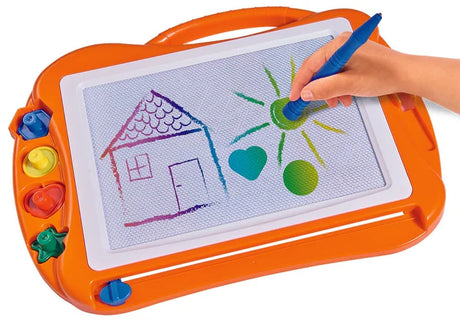 Child using magnetic pen on orange board with colourful drawing in progress – Ireland