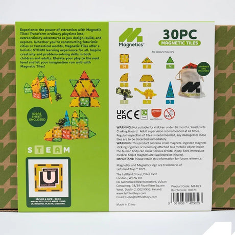Back of Magnetics 30 piece Dinosaur Expansion Set box showing build ideas tile list and safety information panel