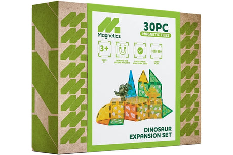 Retail box of Magnetics 30 piece Dinosaur Magnetic Tiles Expansion Set showing colourful prehistoric build and green design