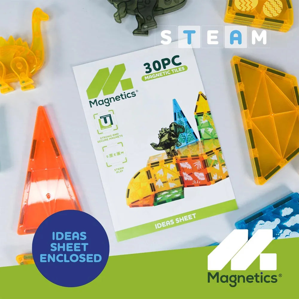 Magnetics Dinosaur Expansion Set idea sheet shown with translucent magnetic tiles and small dinosaur figure around it
