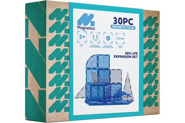Retail box of Magnetics 30 piece Sea Life Magnetic Tiles Expansion Set showing blue ocean build with teal patterned sides
