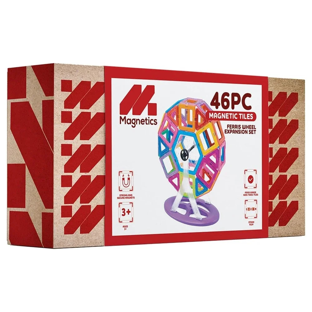 Retail box of Magnetics 46 piece Ferris Wheel Magnetic Tiles Expansion Set showing rainbow build and red design