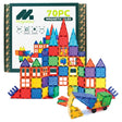 Magnetics 70 piece magnetic tiles building set with colourful castle structure and box packaging in background