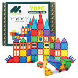 Magnetics 70 piece magnetic tiles building set with colourful castle structure and box packaging in background