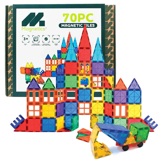 Magnetics 70 piece magnetic tiles building set with colourful castle structure and box packaging in background