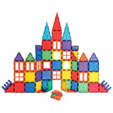 Front view of Magnetics 70 piece magnetic tiles castle built from colourful translucent geometric pieces