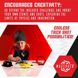 Child playing with Magshuto Stunt Park using ramps and targets to launch a disc during a trick shot setup