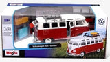 Maisto 1:25 Volkswagen Van Samba box front showing the red and white model van with roof baggage rack