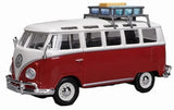 Maisto Volkswagen Van Samba model shown from the front angle with red lower body and roof baggage rack