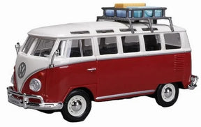 Maisto Volkswagen Van Samba model shown from the front angle with red lower body and roof baggage rack