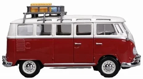 Maisto Volkswagen Van Samba model side view showing the red and white van with roof baggage rack