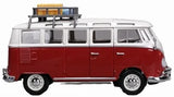 Maisto Volkswagen Van Samba model side view showing the red and white van with roof baggage rack