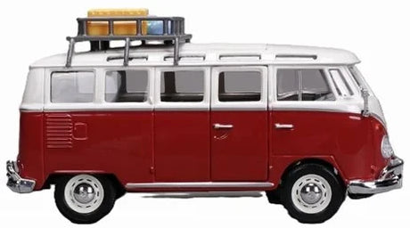 Maisto Volkswagen Van Samba model side view showing the red and white van with roof baggage rack