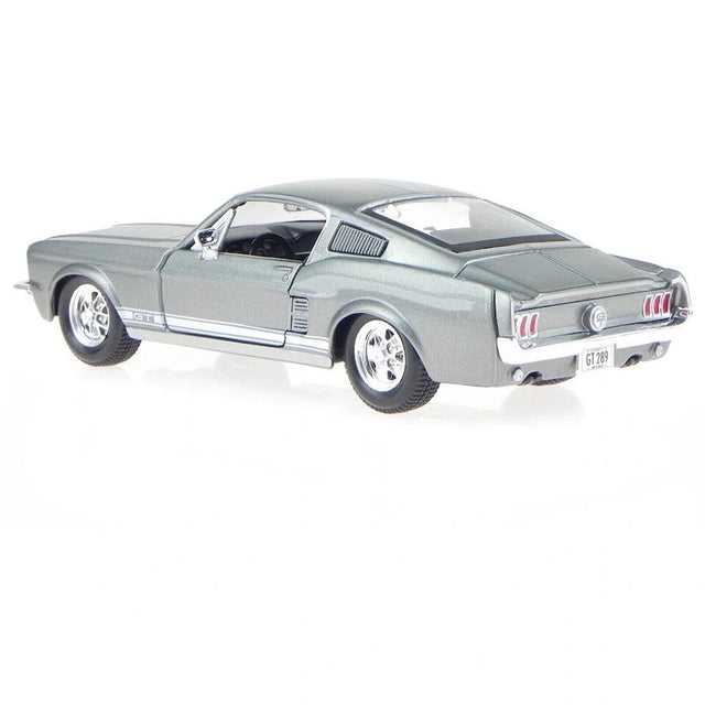 Maisto 1967 Ford Mustang GT metallic grey model in rear three quarter view
