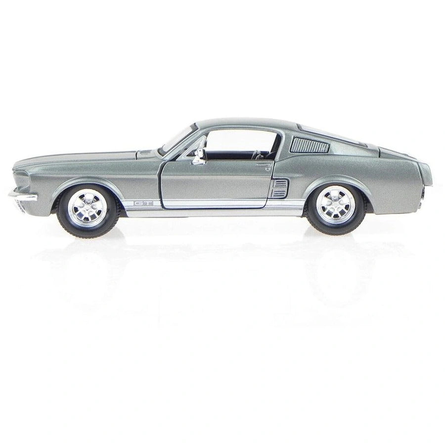 Maisto 1967 Ford Mustang GT metallic grey model shown in side profile
